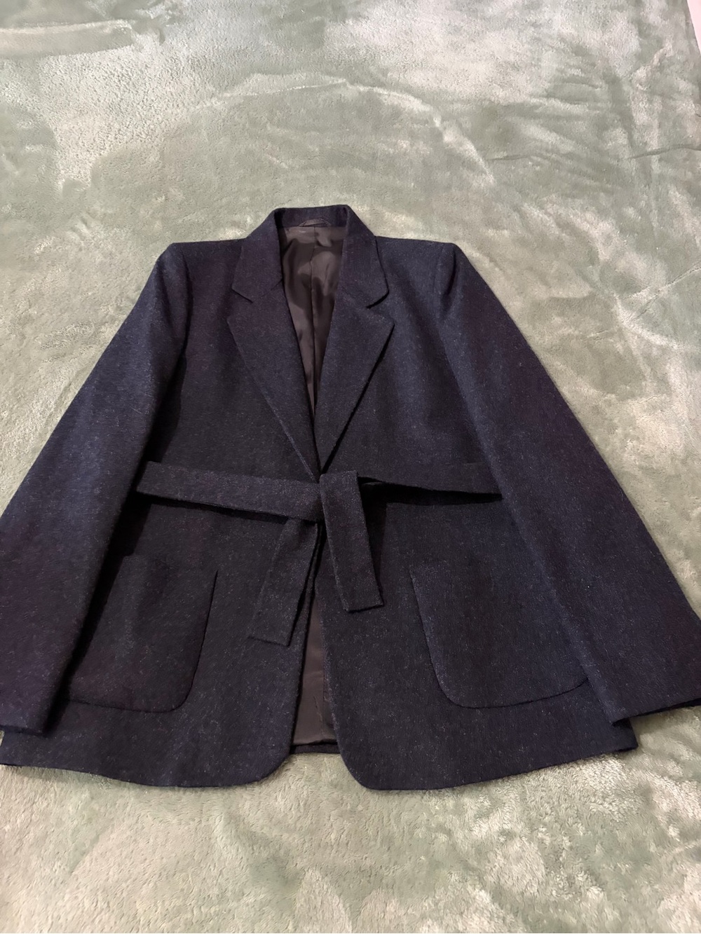 Womens Navy Belted Wool-Blend Blazer